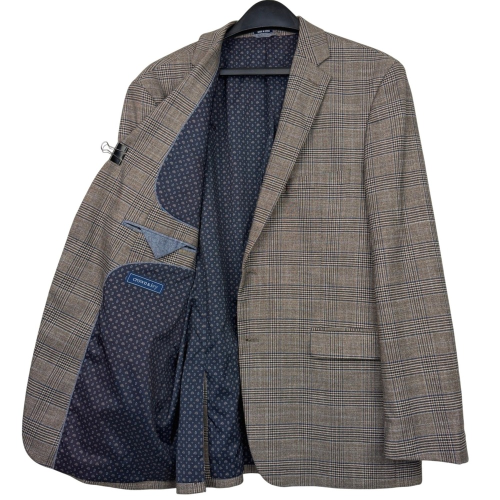 Crown & Ivy Mens 42R Brown GLEN PLAID Rayon Stretch Blazer Sport Coat Jacket